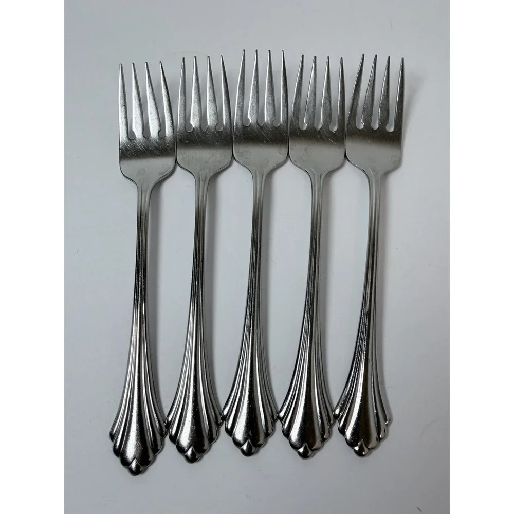 5 Oneida BANCROFT Salad Forks Glossy Stainless USA Flatware 6 3/4
